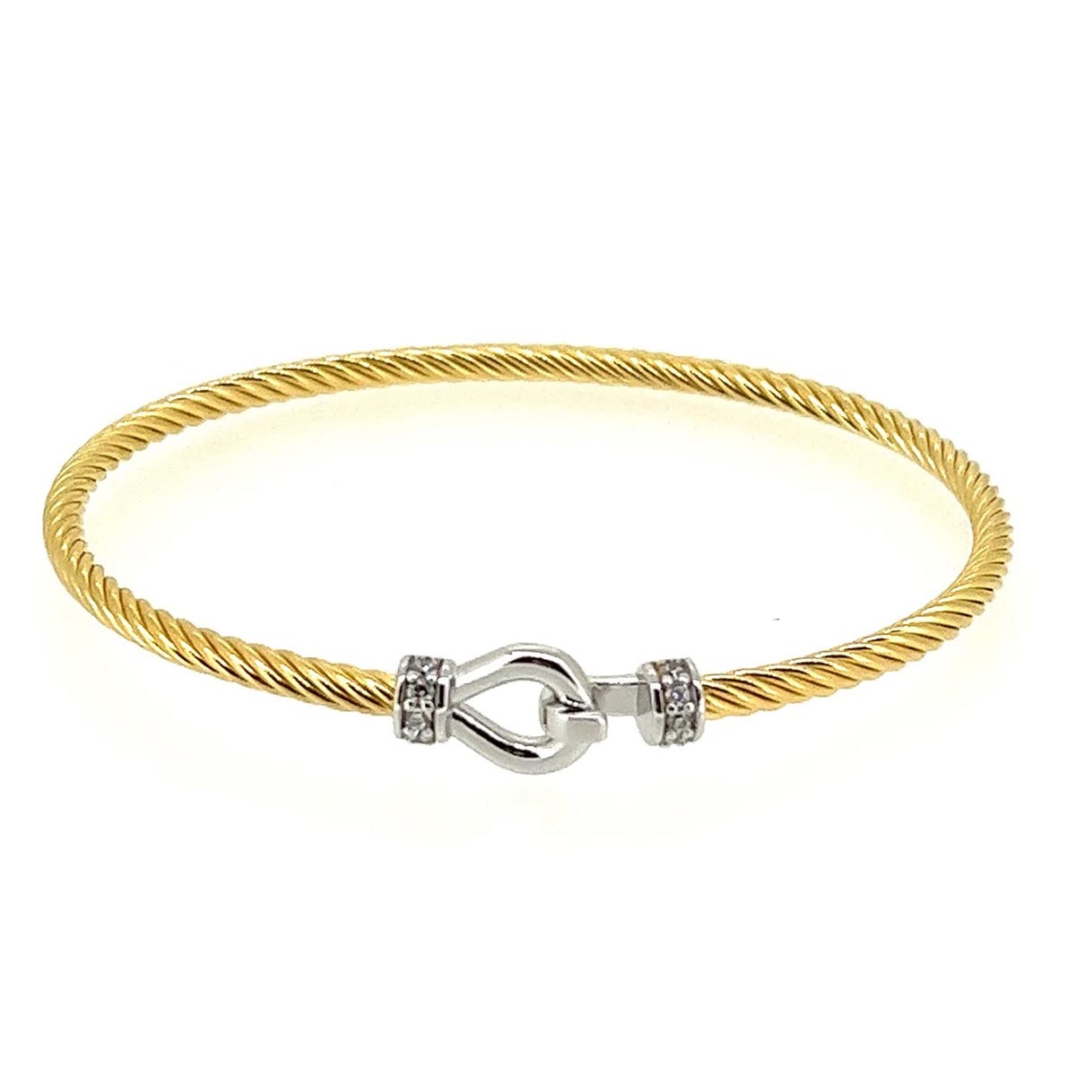 Bella Cavo Cubic Zirconia Hook Clasp Bangle Bracelet in Sterling Silver and Yellow Gold Plate