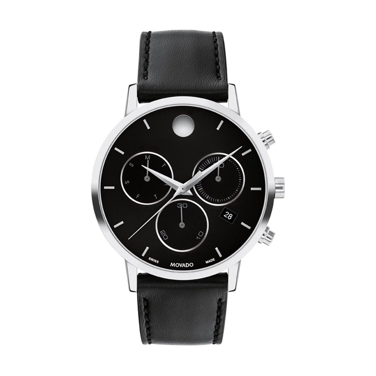 Movado black leather online strap