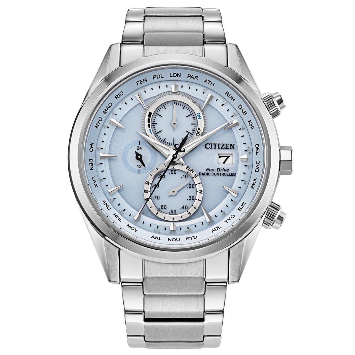 Citizen Sport Luxury Mens Watch with Light Blue Dial and Stainless Steel Bracelet eco drive movement