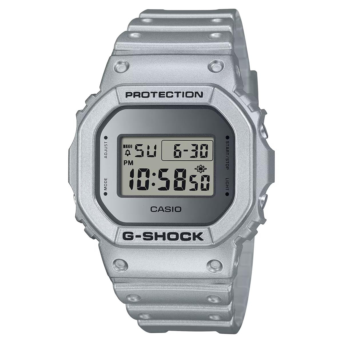 G Shock 5600 Series Mens Watch with Digital Dial and Metallic Silver T Day s Jewelers