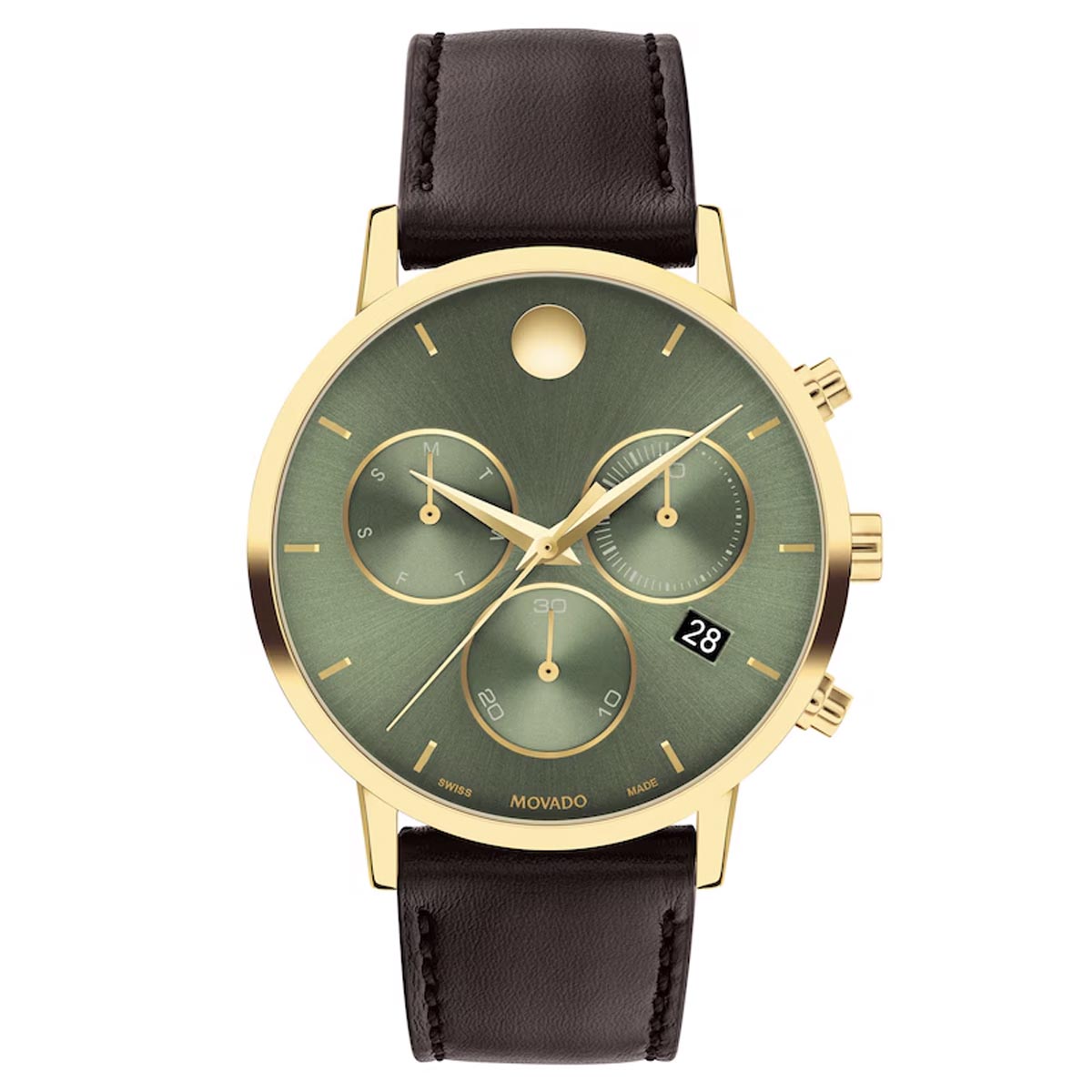 Movado Museum Classic Chronograph Mens Watch with Green Dial and Brown Leather Strap Swiss quartz movement