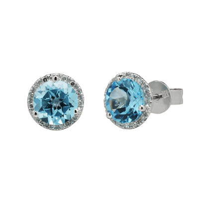 Madison L Blue Topaz Halo Stud Earrings in 14kt White Gold with Diamonds (1/20ct tw)