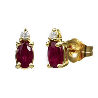 Oval Ruby Stud Earrings in 14kt Yellow Gold with Diamonds (.04ct tw)