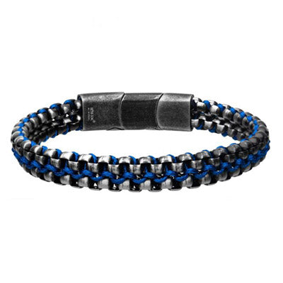 Mens Black and Blue Cord Bracelet in Stainless Steel (8 1/4 inches)