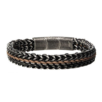 Mens Black and Brown Cord Bracelet in Stainless Steel