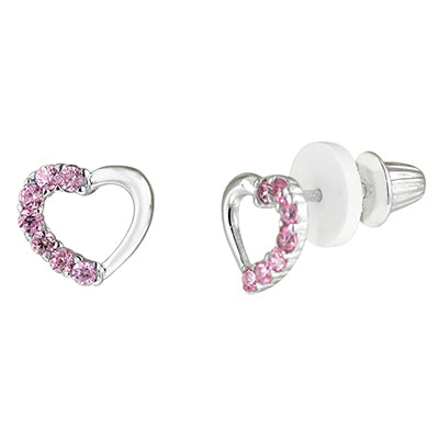 Childrens Pink Cubic Zirconia Heart Stud Earrings in Sterling Silver