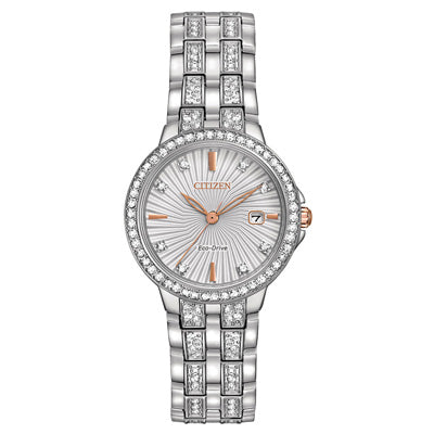 Citizen Silhouette Ladies Crystal Watch with White Dial and Stainless Steel Bracelet (eco-drive movement)