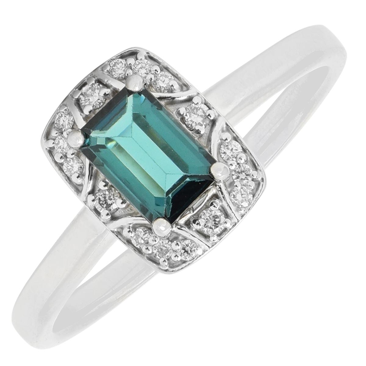 Maine Indicolite Tourmaline Emerald Cut Halo Ring in 14kt White Gold with Diamonds (1/10ct tw)