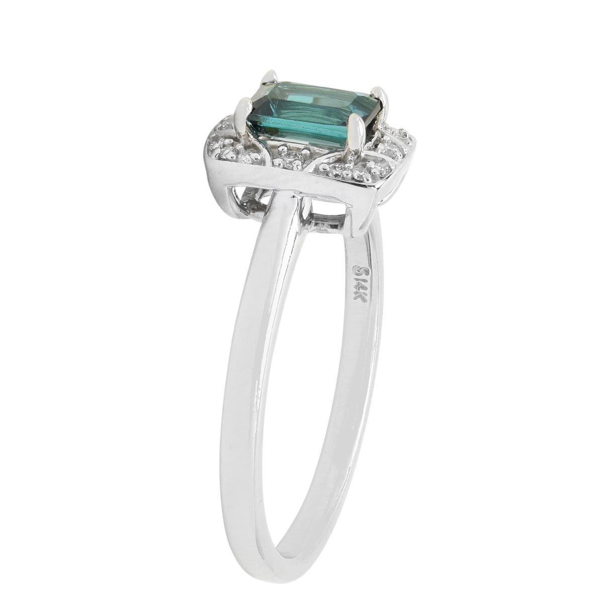 Maine Indicolite Tourmaline Emerald Cut Halo Ring in 14kt White Gold with Diamonds (1/10ct tw)