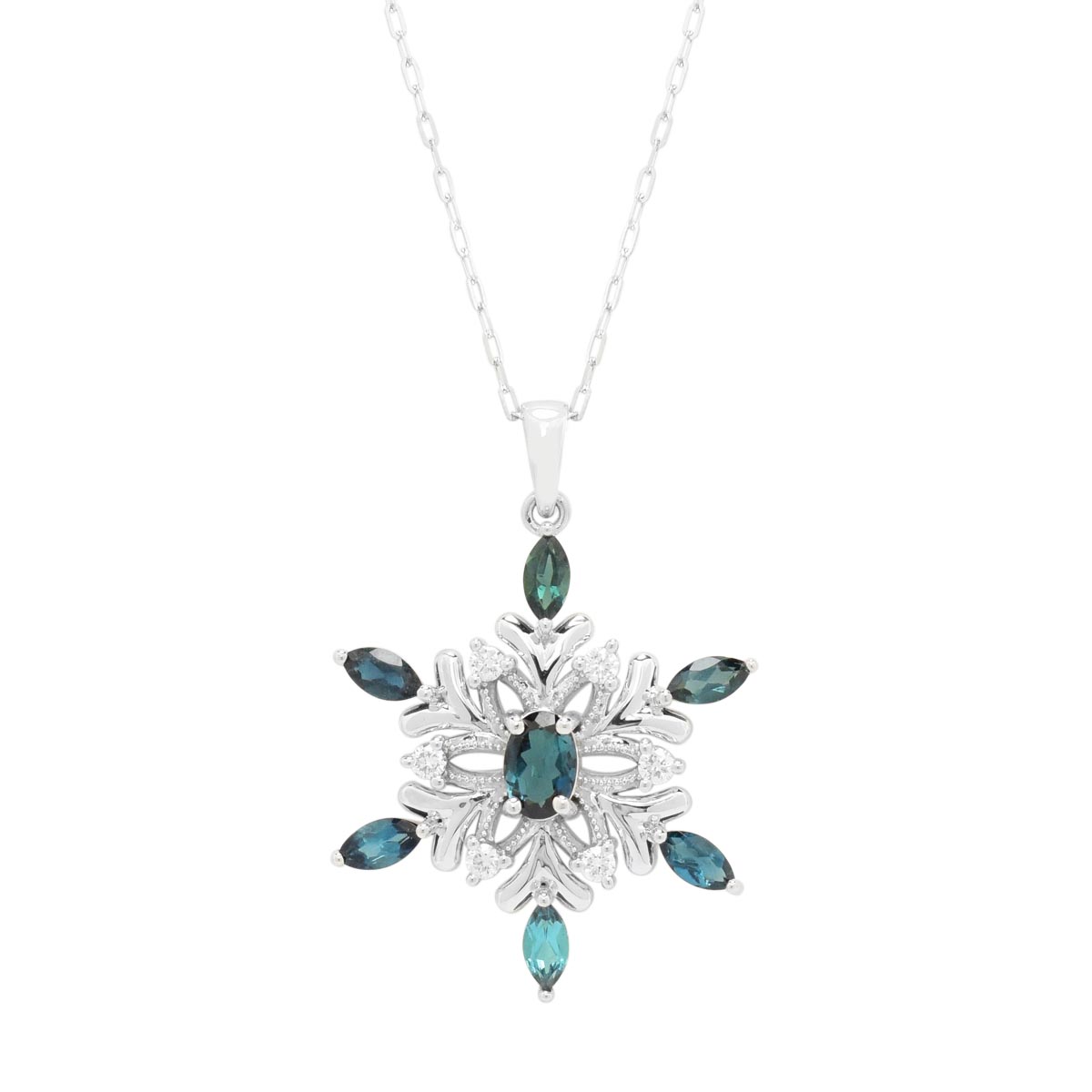 Winter in Maine Indicolite Tourmaline Snowflake Necklace in 14kt White Gold with Diamonds (1/4ct tw)