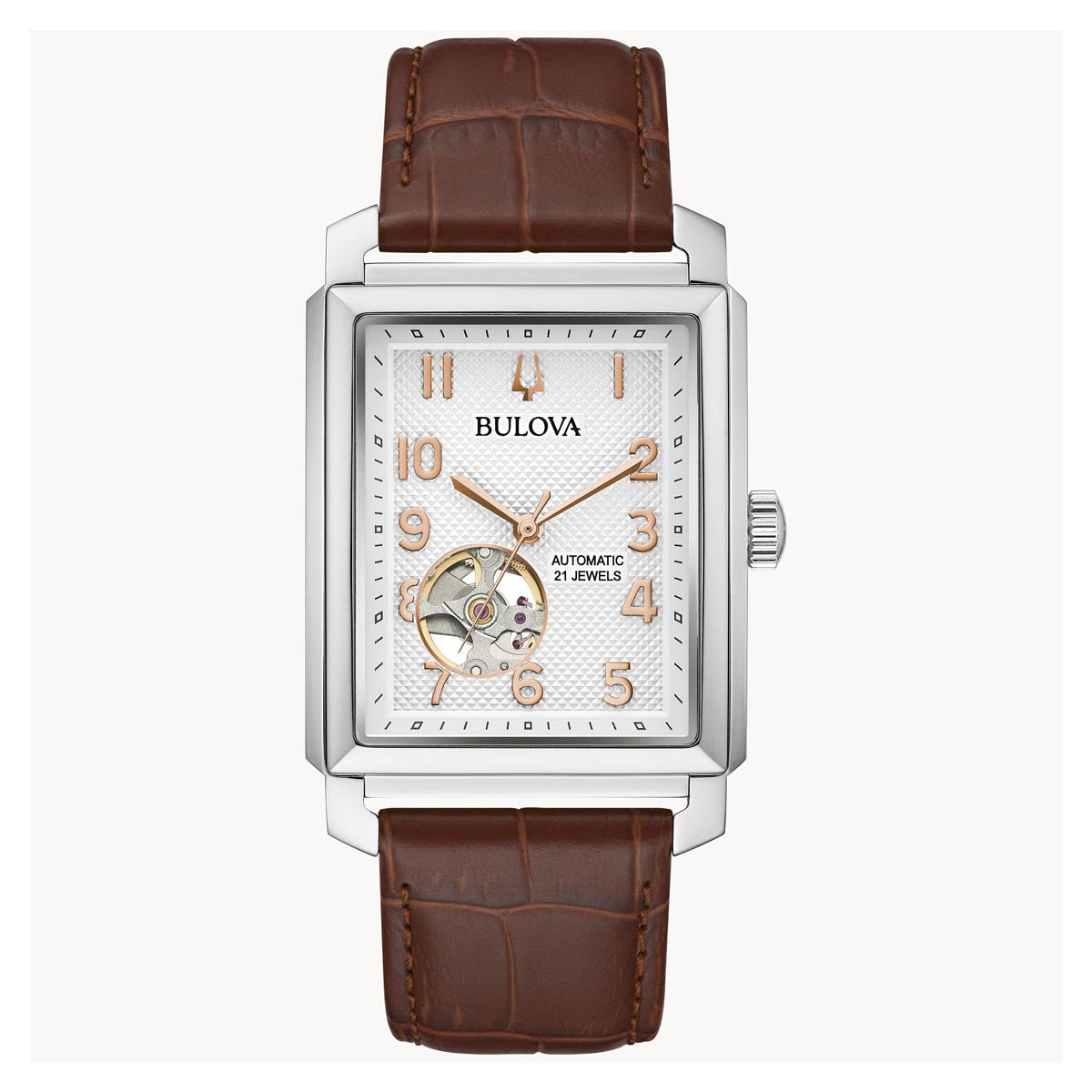 Bulova Sutton Mens Watch with Silver Toned  Dial and Brown Leather Strap (automatic movement)