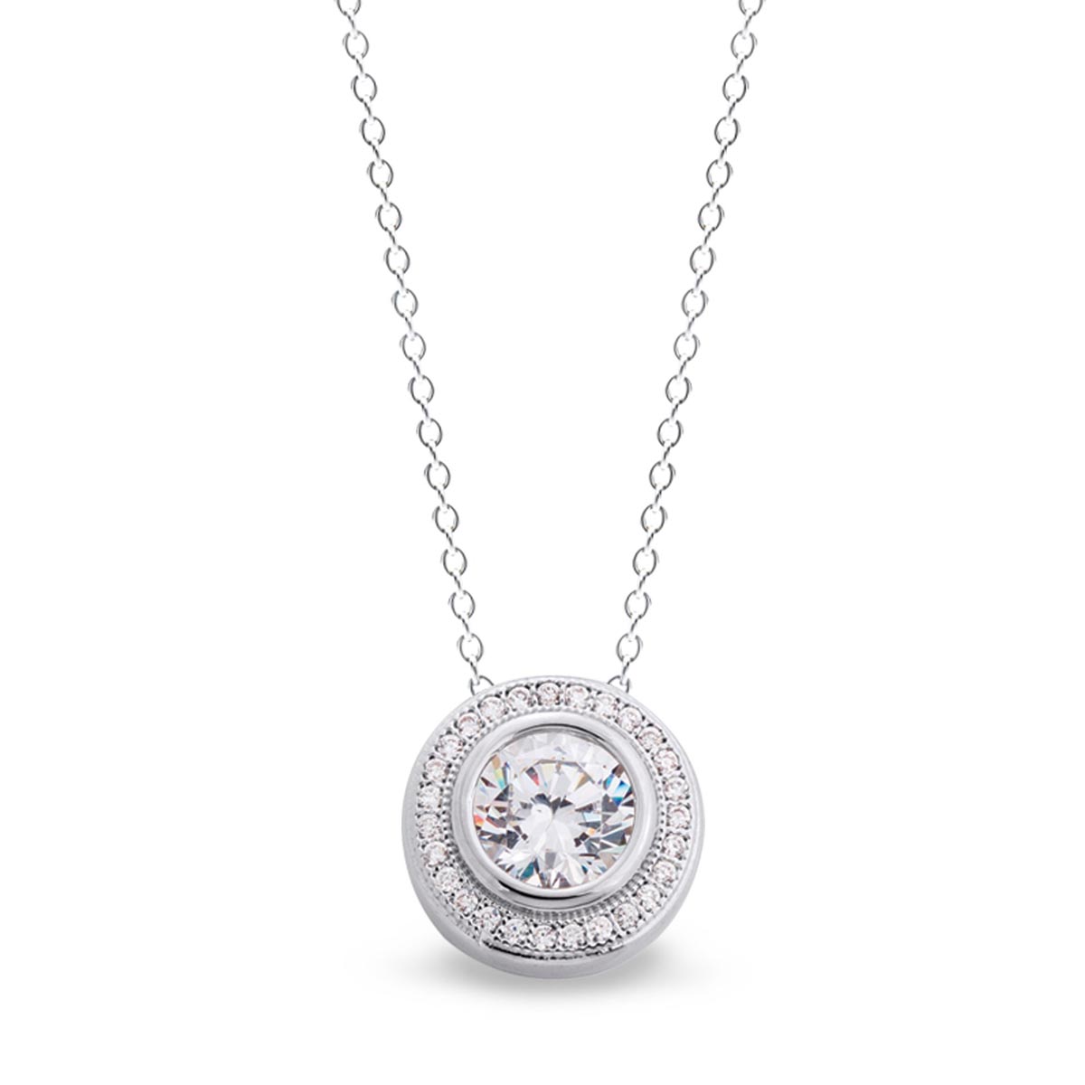 Cubic Zirconia Halo Necklace in Sterling Silver with Platinum Finish