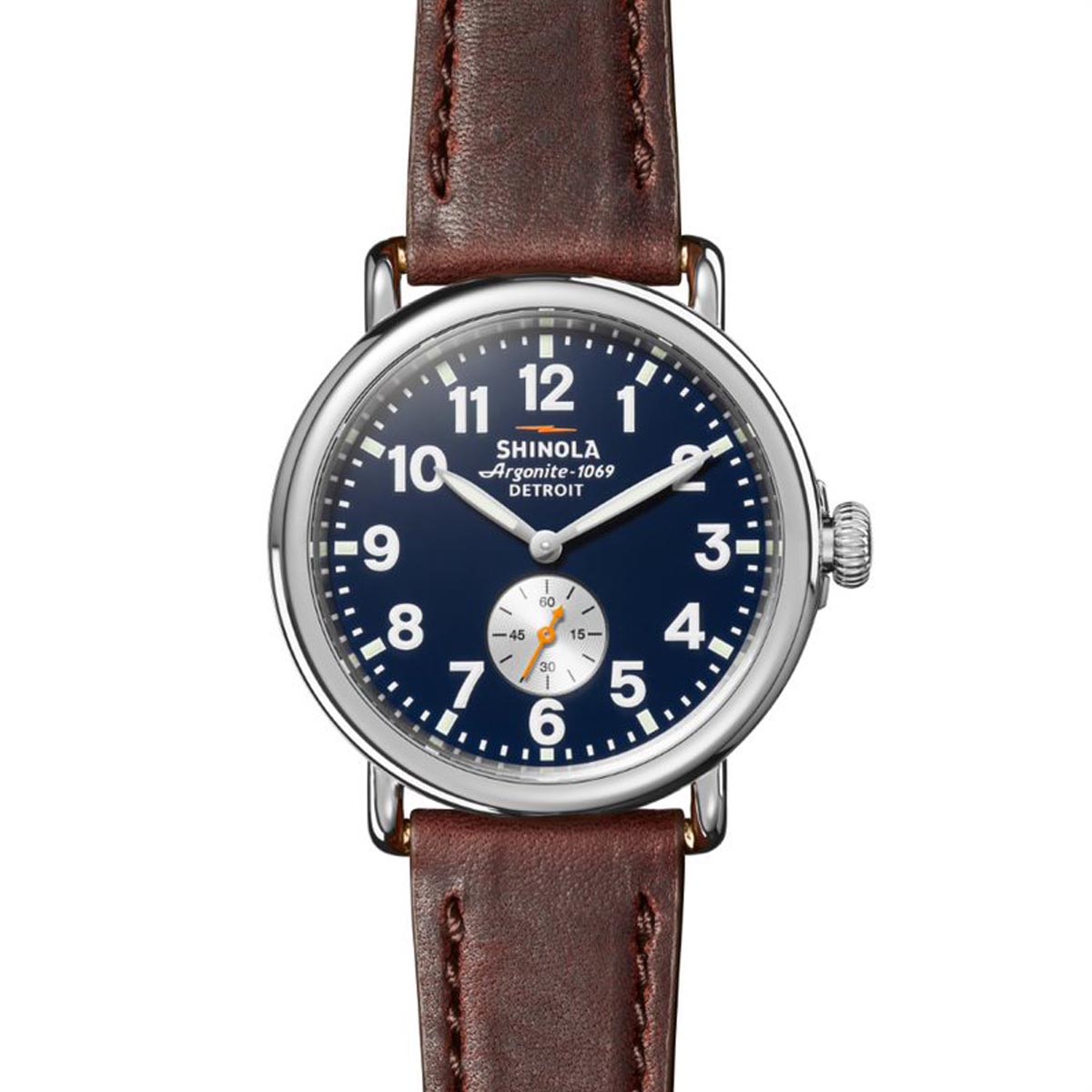 Shinola Runwell Mens Watch with Blue Dial and Brown Leather Strap (quartz movement)