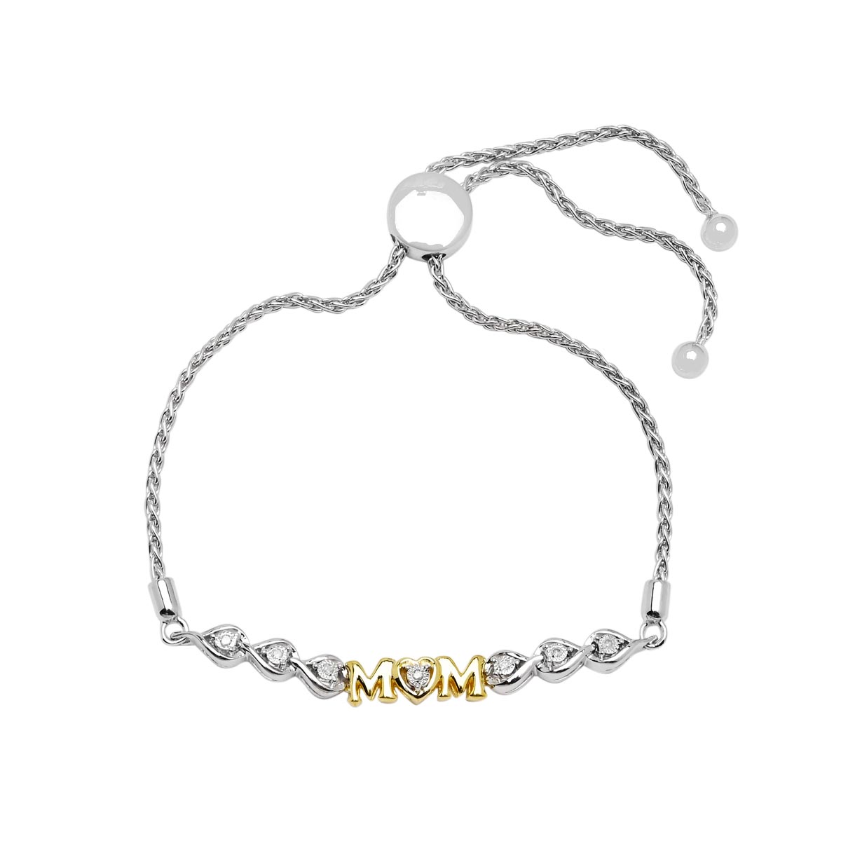 Diamond Mom Bolo Bracelet in Sterling Silver and Yellow Gold Plate (1/20ct tw)