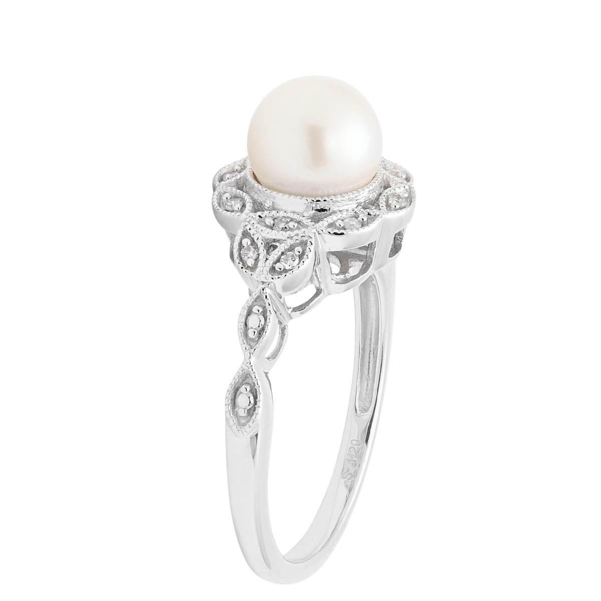 Cultured Freshwater Pearl Ring in Sterling Silver with Diamonds (1/20ct tw)