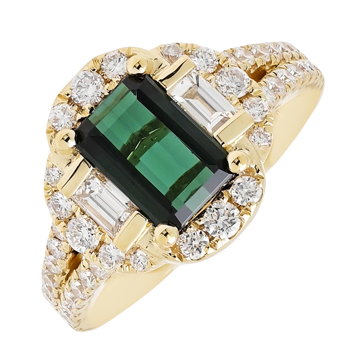 Maine Green Tourmaline Emerald Cut Ring in 14kt Yellow Gold with Diamonds (3/4ct tw)