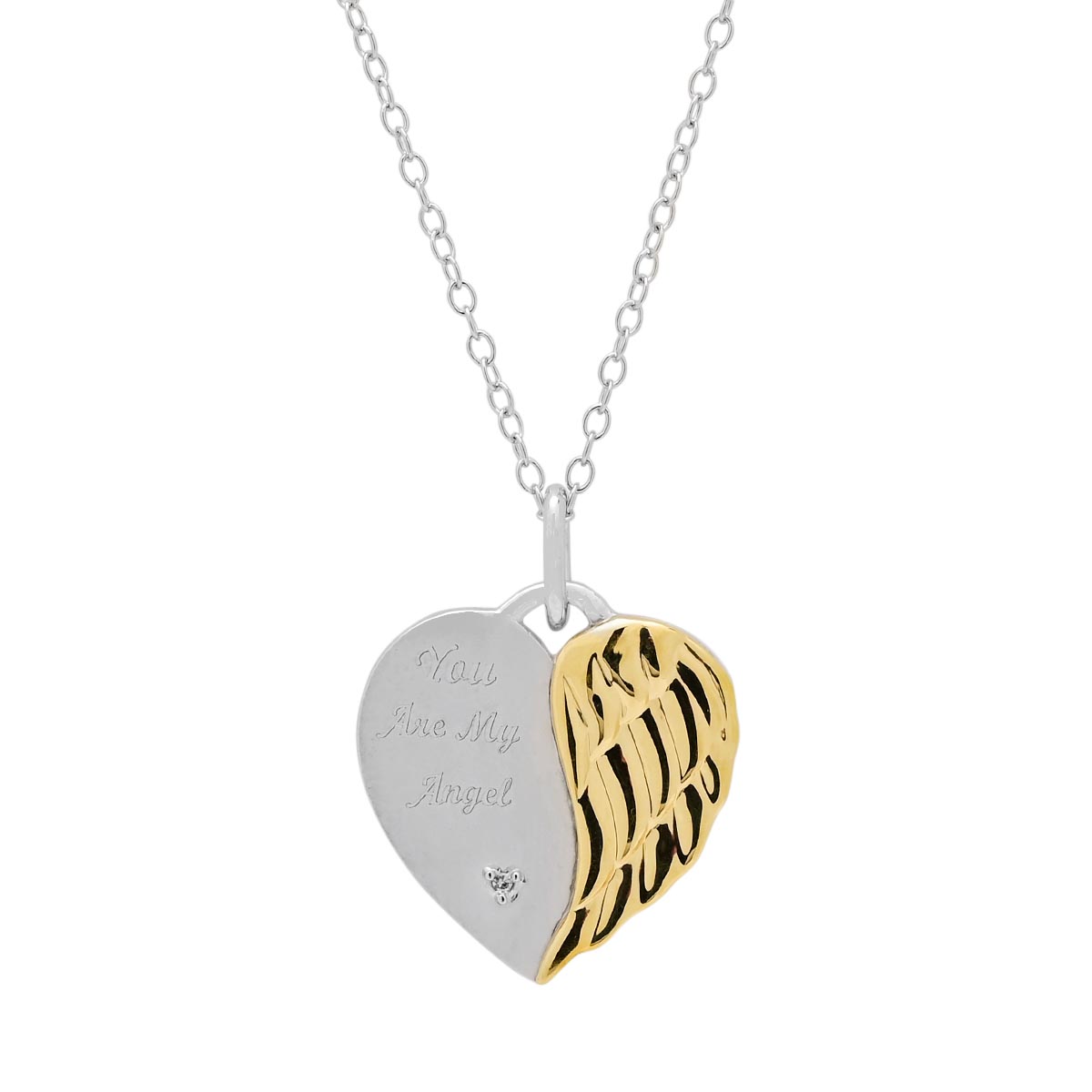 Angel Wing Heart Necklace in Sterling Silver with Gold Plate with Diamond (.01ct)