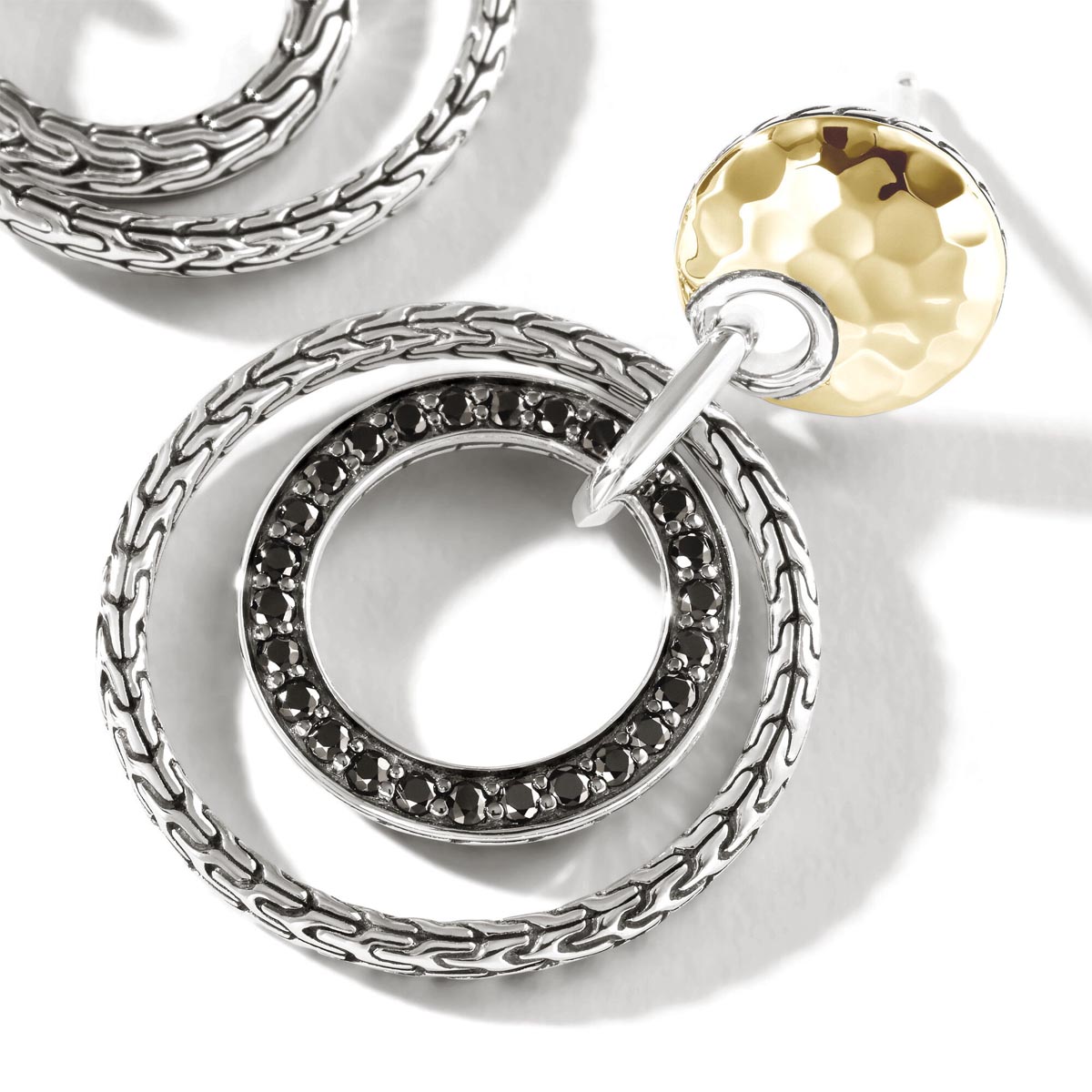 John Hardy Classic Chain Collection Black Sapphire and Spinel Hammered Earrings in Sterling Silver and 18kt Yellow Gold