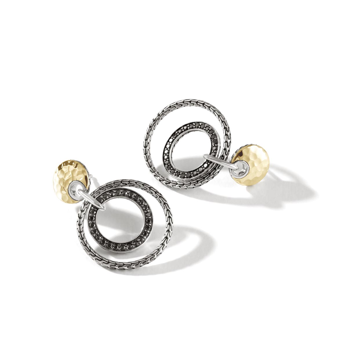 John Hardy Classic Chain Collection Black Sapphire and Spinel Hammered Earrings in Sterling Silver and 18kt Yellow Gold