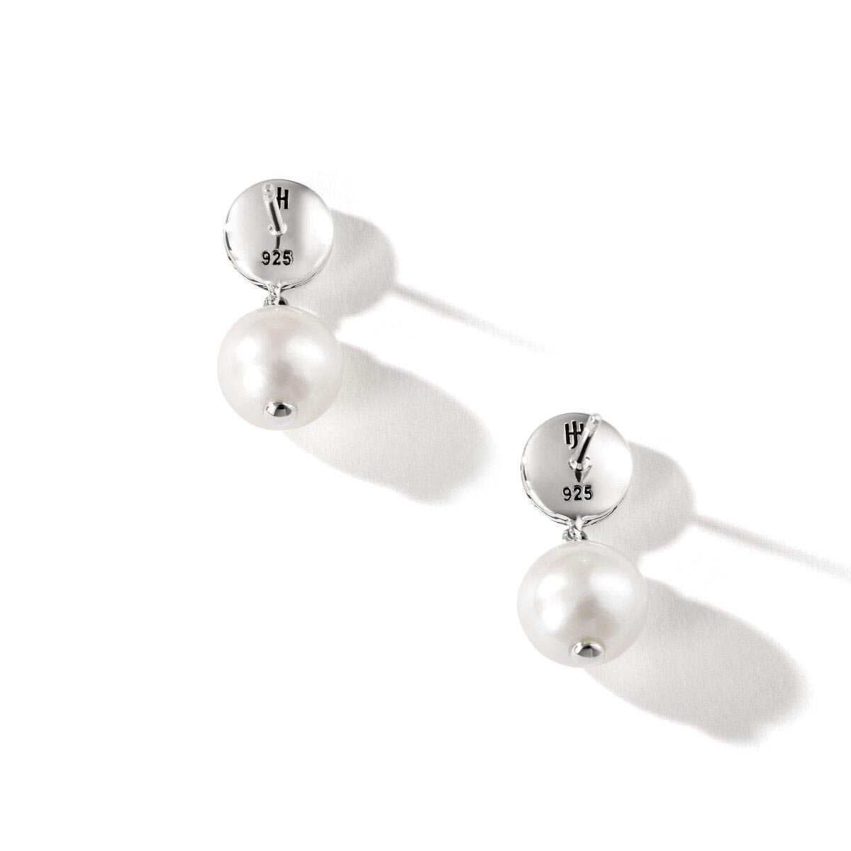 John Hardy Classic Chain Collection Cultured Freshwater Pearl Hammered Earrings in Sterling Silver (9mm pearls)