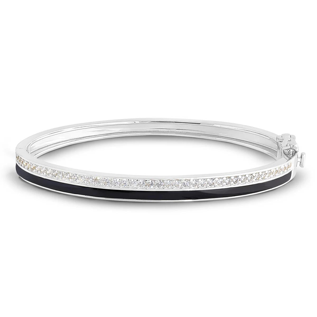 Cubic Zirconia and Black Enamel Bangle Bracelet in Sterling Silver