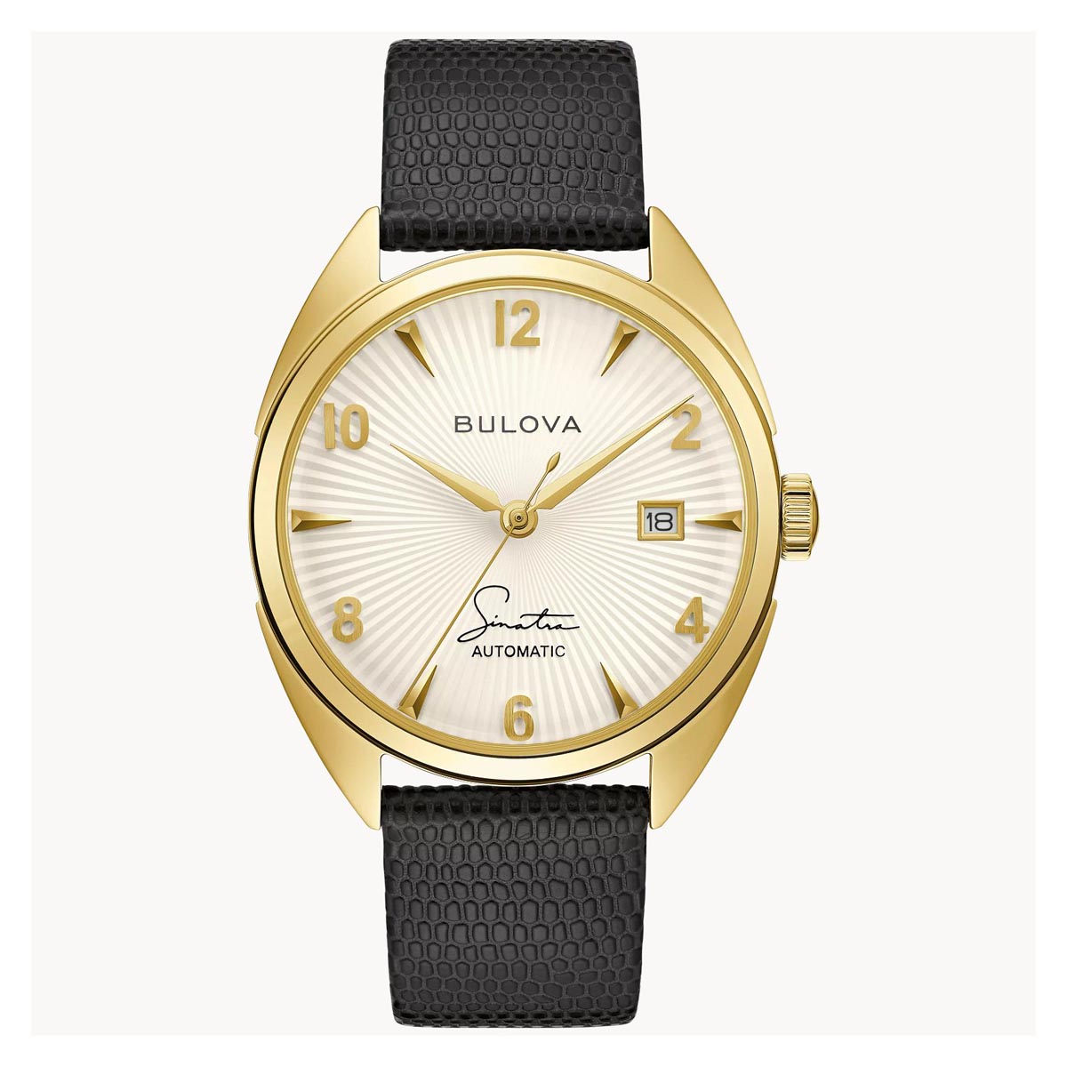 Bulova Frank Sinatra Fly Me to the Moon with White Dial and Black Leather Strap (automatic movement)