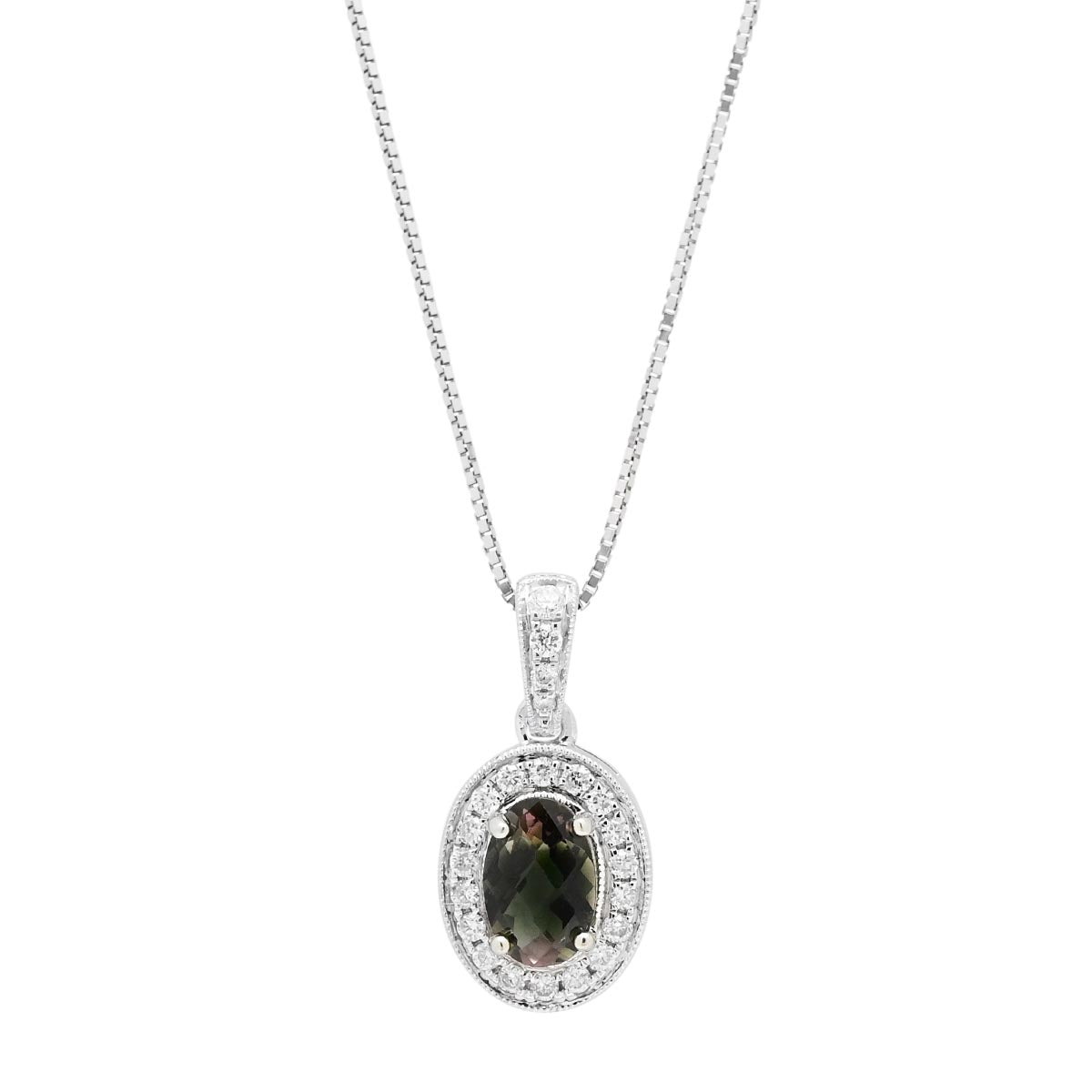 Maine Bicolor Tourmaline Oval Halo Necklace in 14kt White Gold with Diamonds (1/10ct tw)