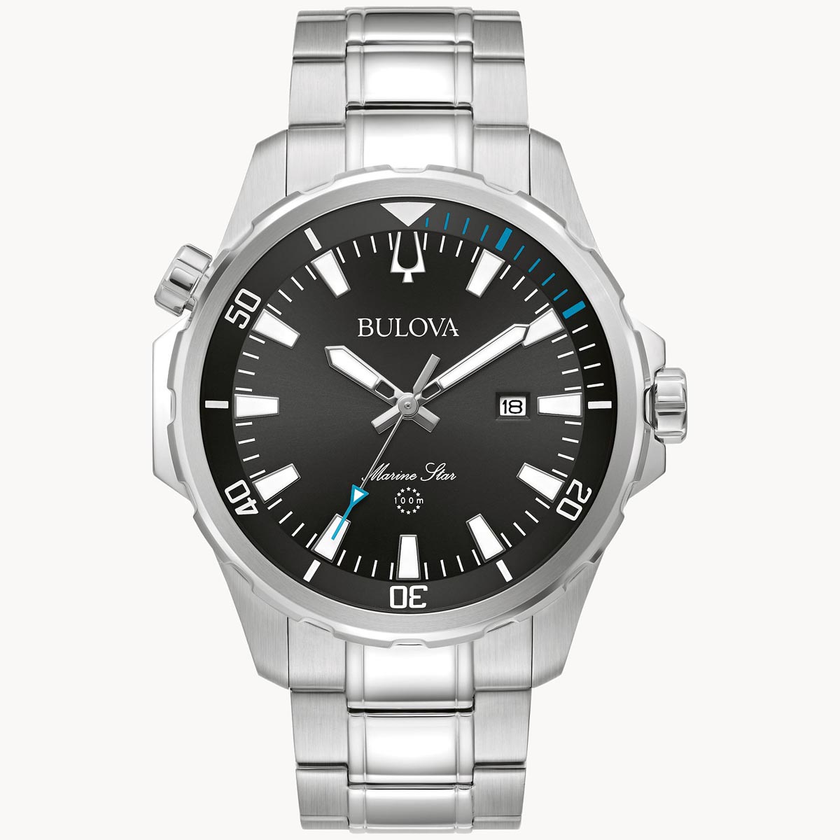 Bulova Marine Star Mens Watch with Black Dial and Stainless Steel Bracelet (quartz movement)