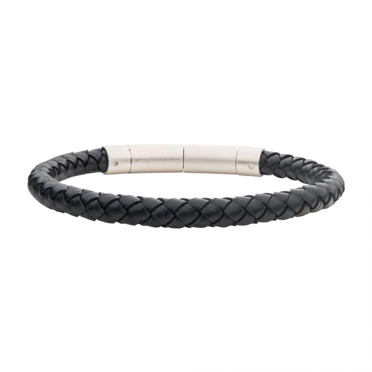 Mens Black Leather Cord Bracelet in Stainless Steel