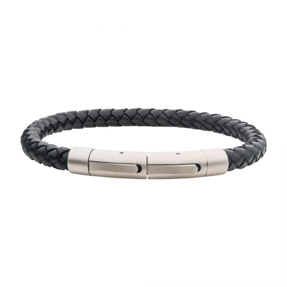 Mens Black Leather Cord Bracelet in Stainless Steel