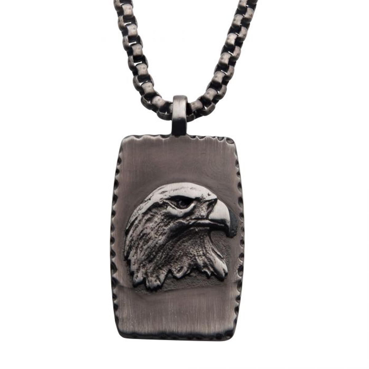 Mens Eagle Dog Tag Necklace in Stainless Steel with Gun Metal Ion Plate