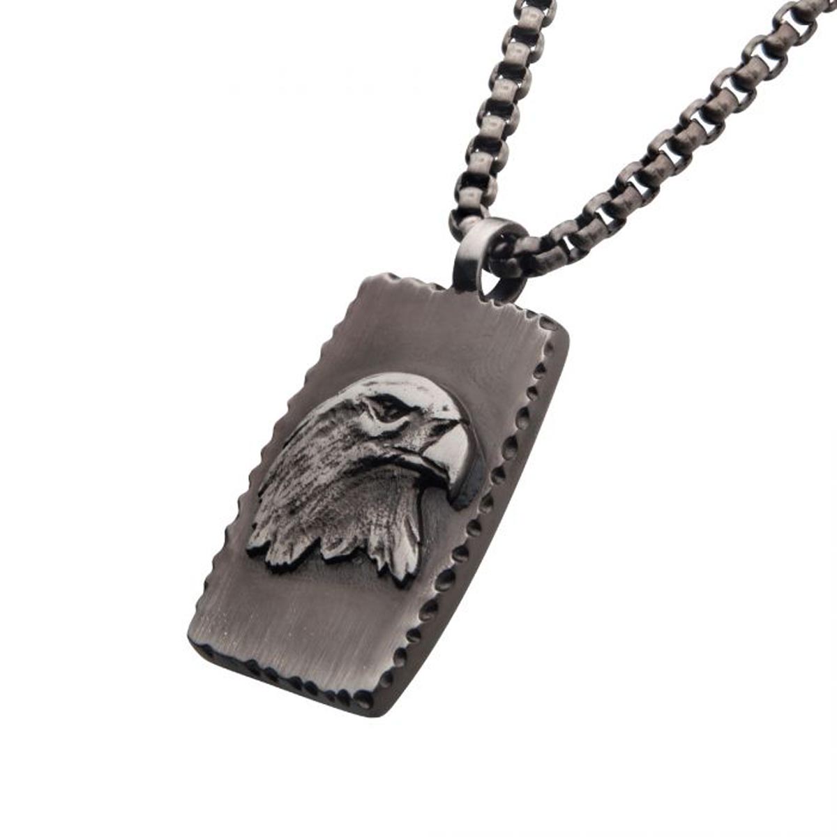 Mens Eagle Dog Tag Necklace in Stainless Steel with Gun Metal Ion Plate