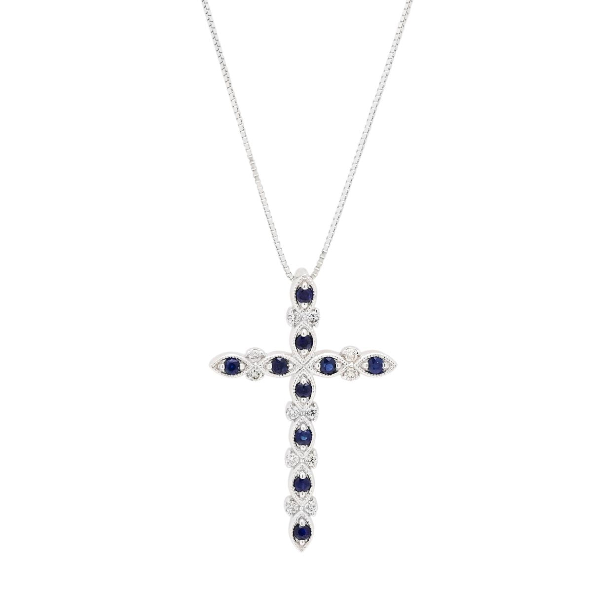 Sapphire Cross Necklace in 14kt White Gold with Diamonds (1/10ct tw)