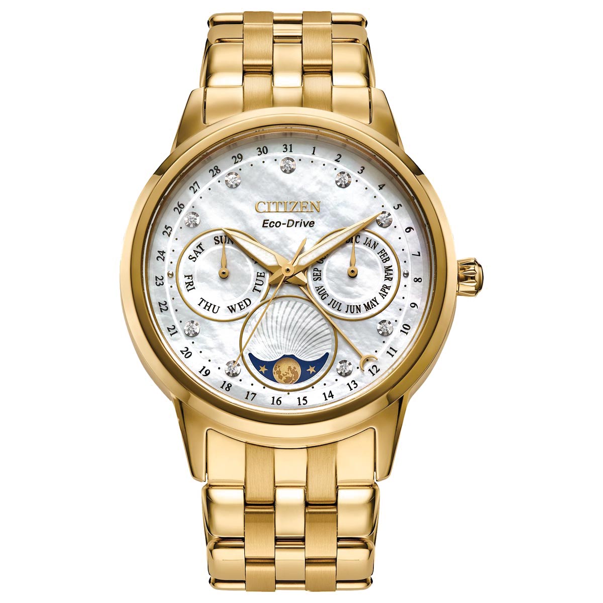 Citizen Calendrier Womens Moon Phase Watch with White Dial and Yellow Gold Toned Bracelet (eco drive movement)