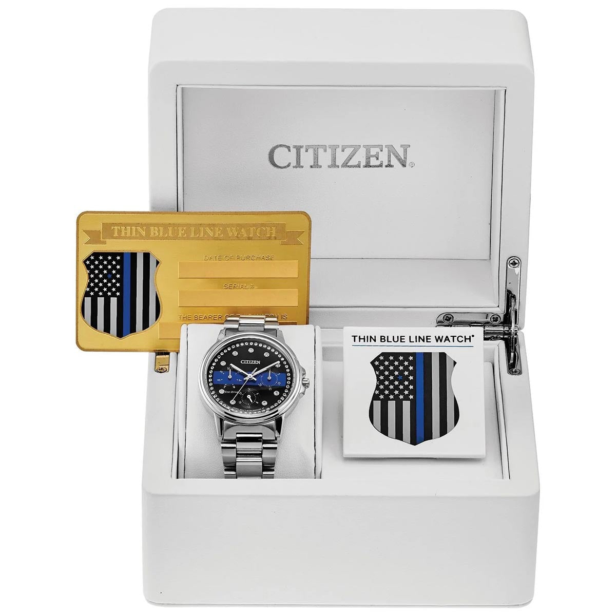 Citizen First Responders Thin Blue Line Chronograph Crystal Watch with Black  Dial and Stainless Steel Bracelet (eco drive movement)