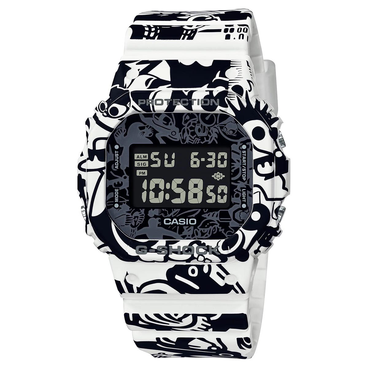 G Shock Limited Edition Character Camouflage Mens Watch with Black Digital Dial and Black and White Resin Strap (quartz movement)