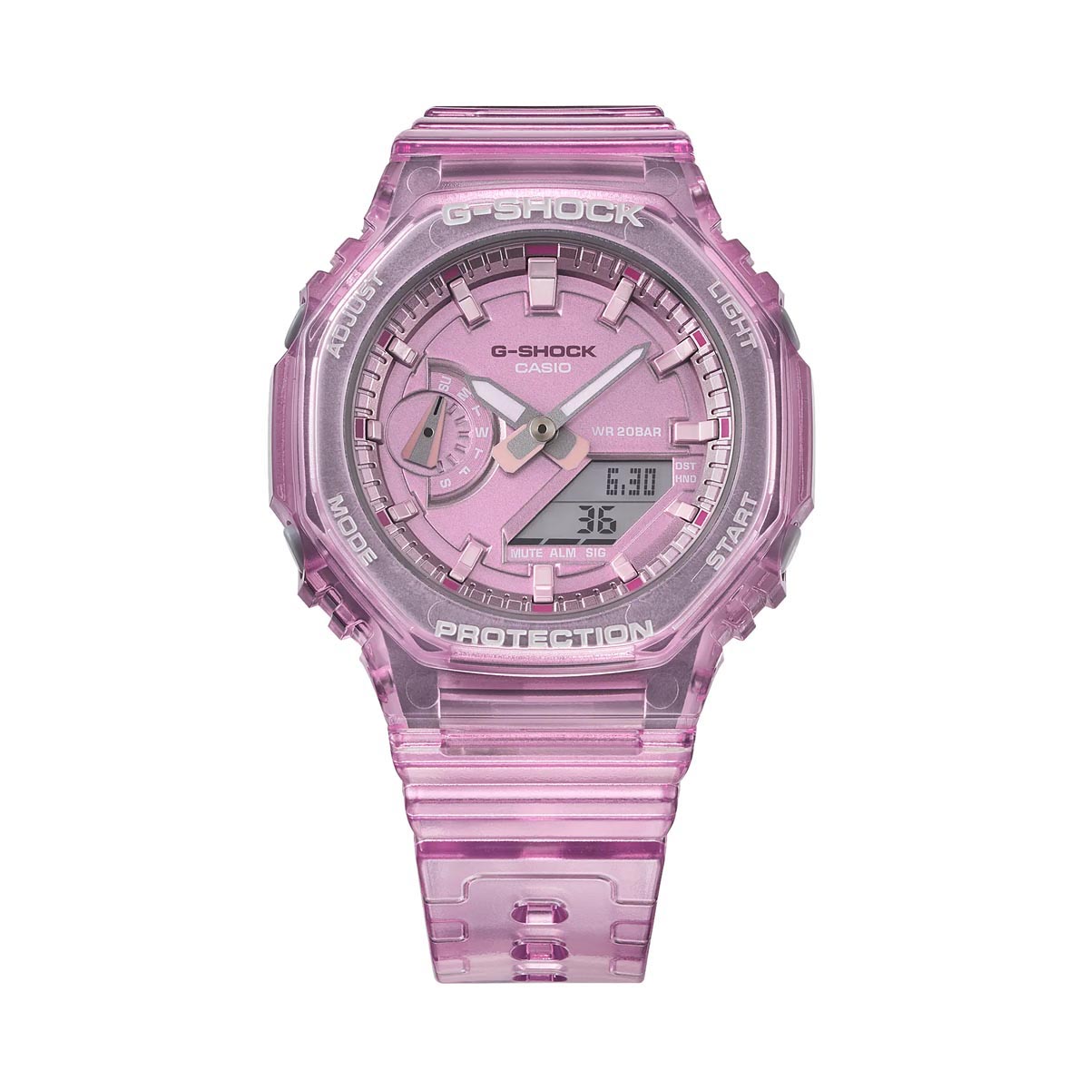 G Shock Womens Watch with Pink Dial and Transparent Pink Resin Strap (quartz movement)