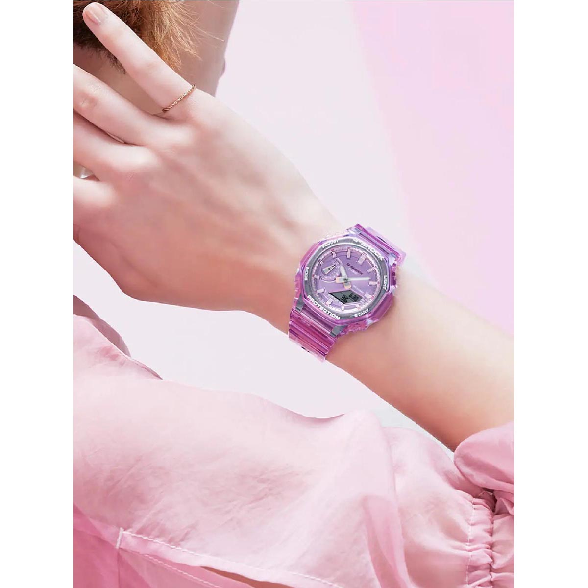 G Shock Womens Watch with Pink Dial and Transparent Pink Resin Strap (quartz movement)