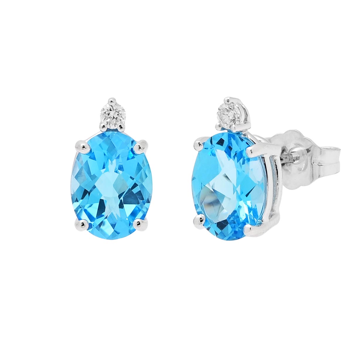 Oval Blue Topaz Stud Earrings in 14kt White Gold with Diamonds (1/20ct tw)