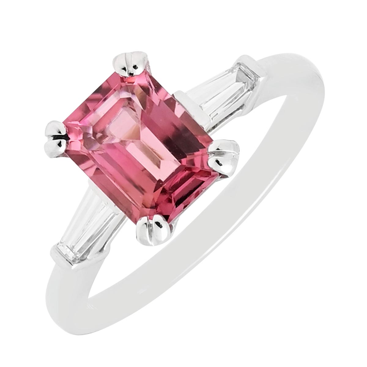 Maine Pink Tourmaline Emerald Cut Ring in 14kt White Gold with Diamonds (1/3ct tw)