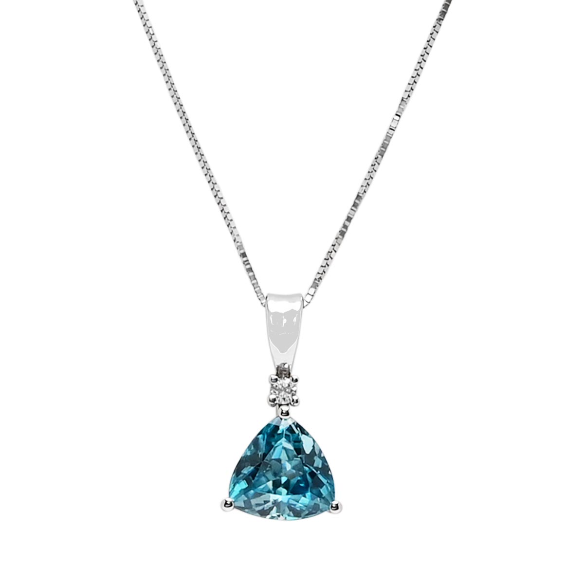 Trillion Cut Blue Zircon Necklace in 14kt White Gold with Diamond (.02ct)