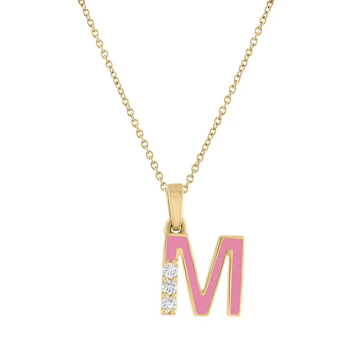 Diamond Initial M Pastel Pink  Enamel Necklace in 14kt Yellow Gold (.03ct tw)