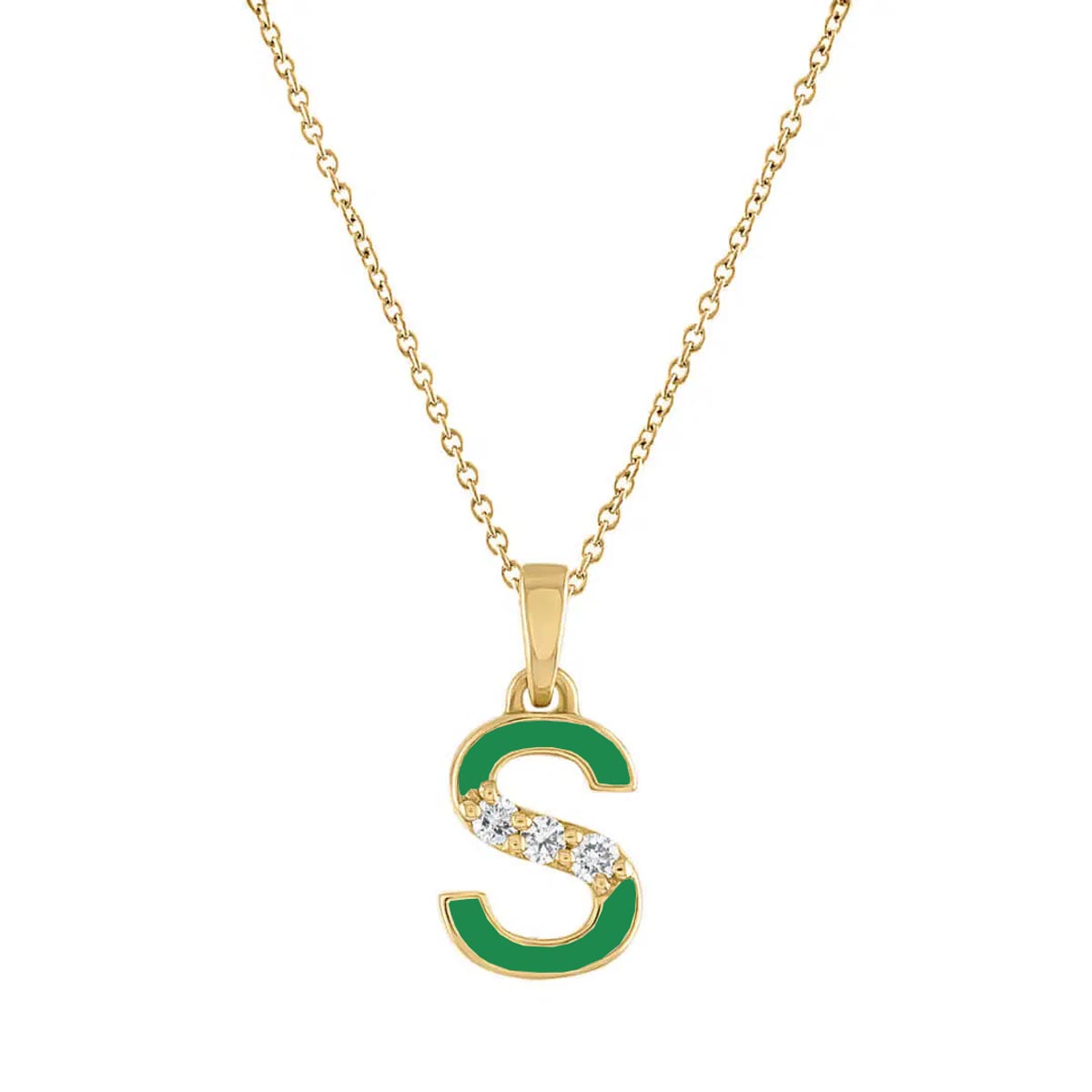 Diamond Initial S Parrot Green Enamel  Necklace in 14kt Yellow Gold (.03ct tw)