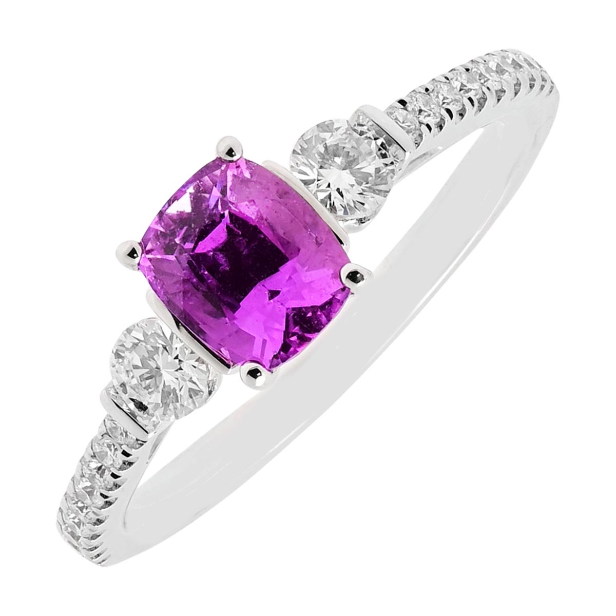 Cushion Cut Pink Sapphire Ring in 14kt White Gold with Diamonds (1/3ct tw)