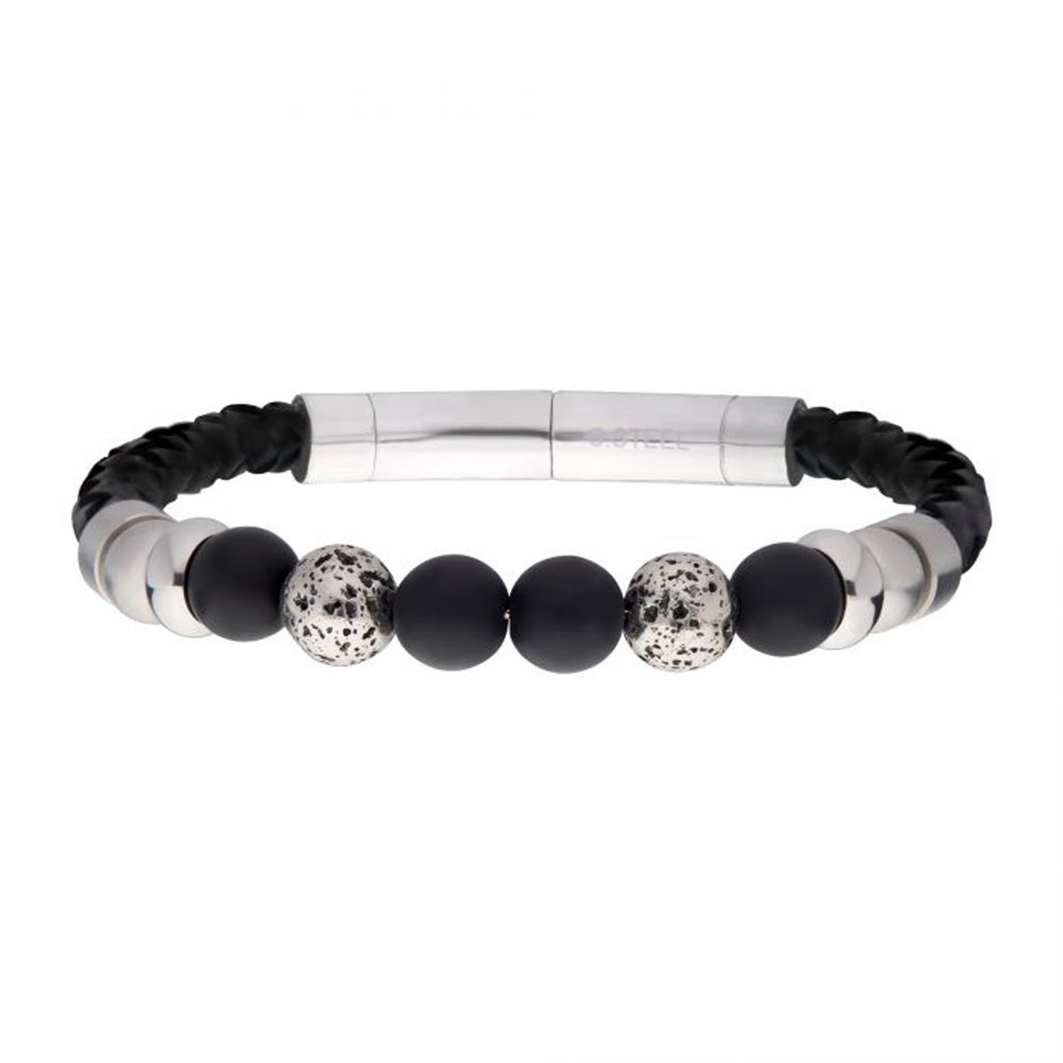 Mens Black Onyx Bead Bracelet in Stainless Steel and Black Leather ...