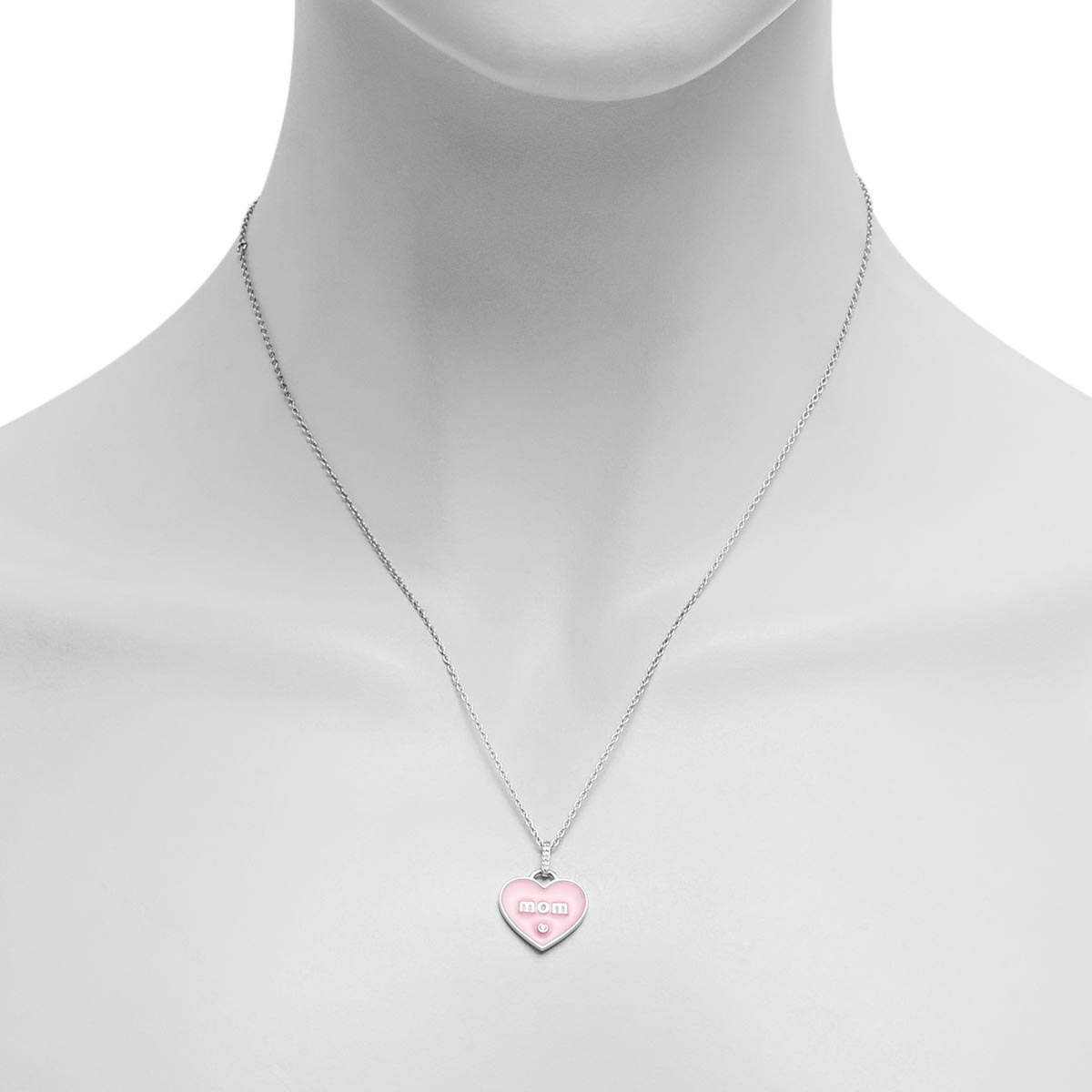 Mom Pink Enamel Heart Pendant with Diamonds in Sterling Silver (.03ct tw)