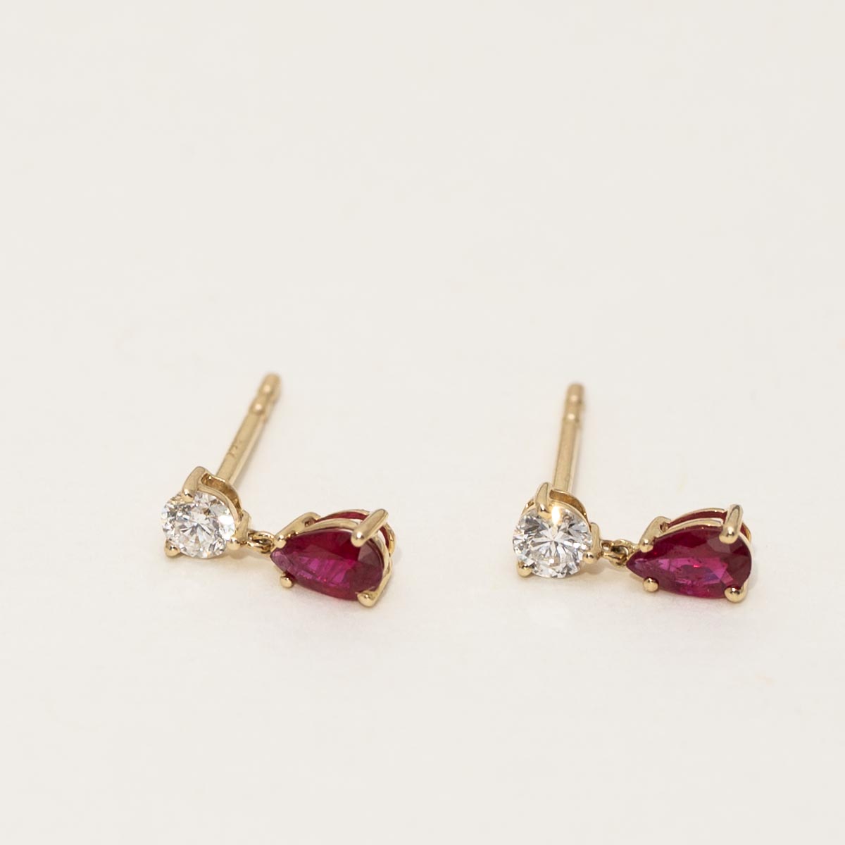 Pear Shape Ruby Drop Earrings in 14kt Yellow Gold with Diamonds (1/5ct tw)