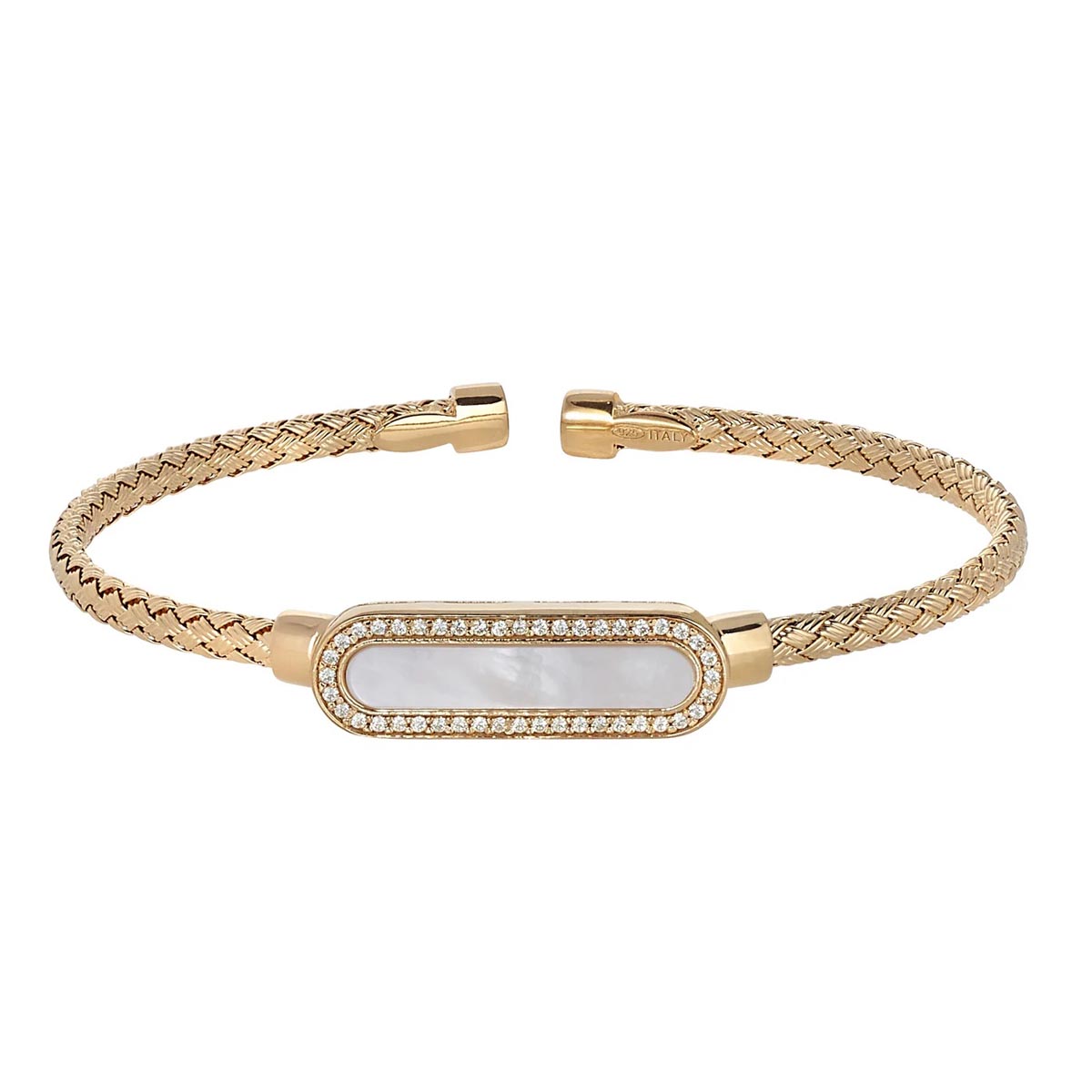 Bella Cavo Mother of Pearl and Cubic Zirconia Cuff Bracelet in Sterling Silver and Yellow Gold Plate