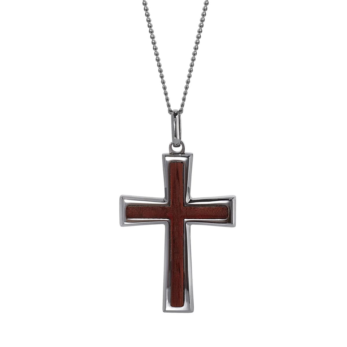 Mens Wood Cross Necklace in Stainless Steel