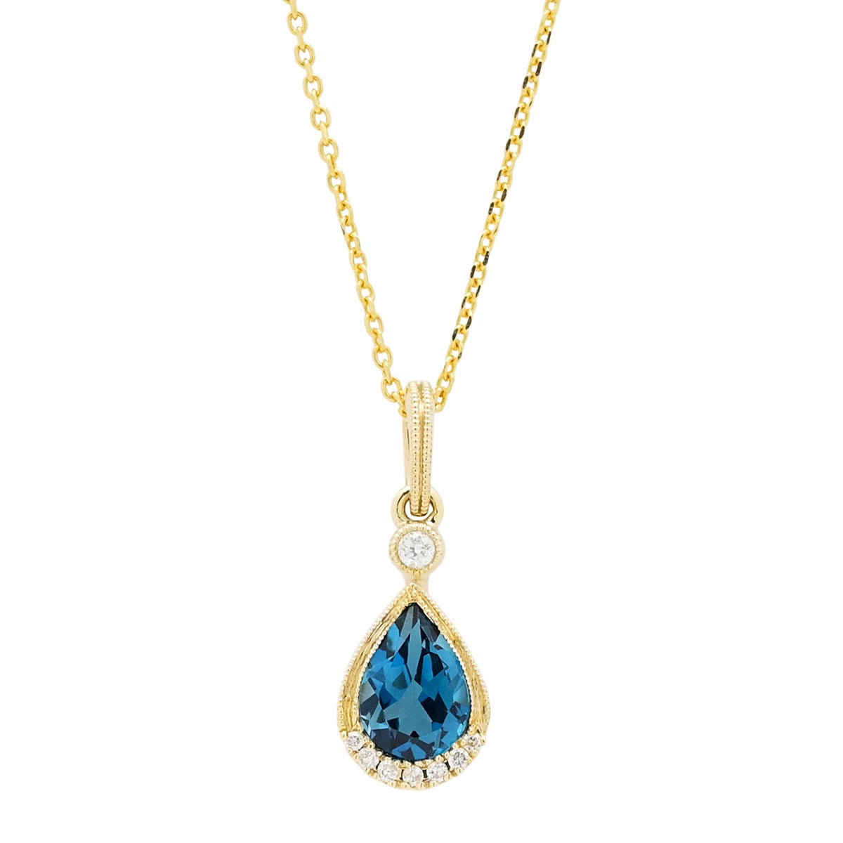 Pear Shape London Blue Topaz Necklace in 14kt Yellow Gold with Diamonds